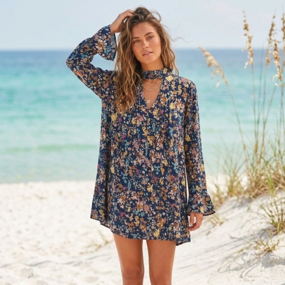 UMGEE Navy Floral Flowy Choker Neck Tunic Top Mini Dress M Boho Cottagecore